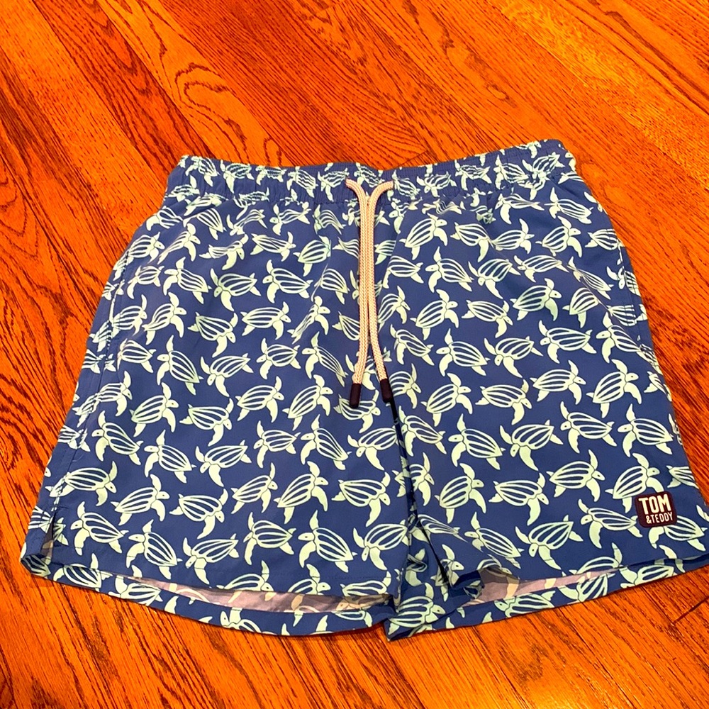 NWT blue & sea green swim shorts with turtles